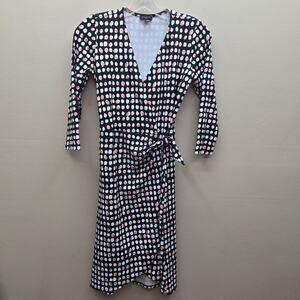 Talbots Polka Dot Faux Wrap Dress Side Bow Stretch Black White Pink Size Small